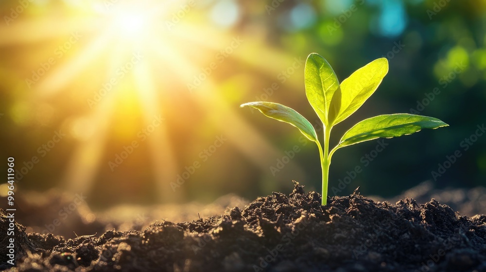 Green sprout emerging from soil with sunlight shining through Green sprout emerging from soil with sunlight shining through