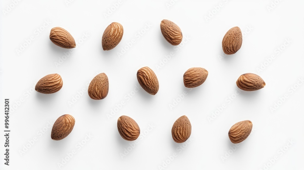 Tasty almonds displayed on a white background viewed from above Tasty almonds displayed on a white background viewed from above