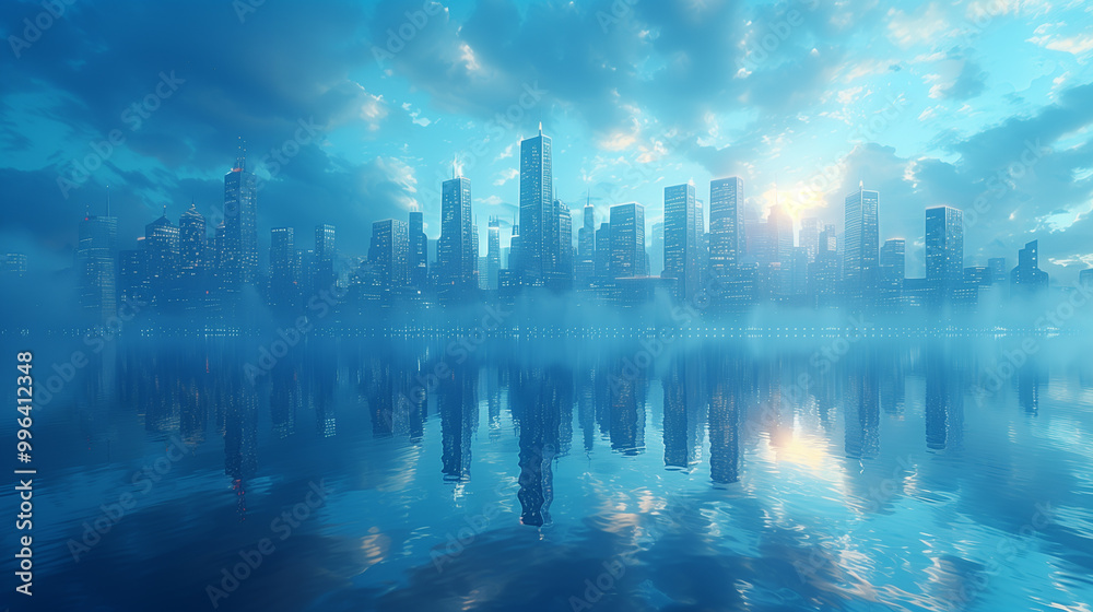Blue-toned skyline of modern buildings in a smart city concept. Blue-toned skyline of modern buildings in a smart city concept.