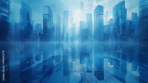 Modern skyscrapers in a futuristic financial district with reflections.