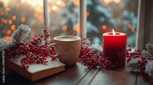 A cup of coffee with milk on the table, red berries and Christmas decorations in front of it photo