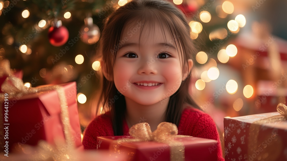 A cute little Asian girl is smiling and sitting in front of Christmas gifts, with a tree behind her A cute little Asian girl is smiling and sitting in front of Christmas gifts, with a tree behind her