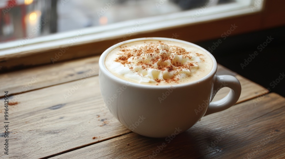 Cappuccino topped with cinnamon and a rich crema served in a white cup placed on a wooden table by a window