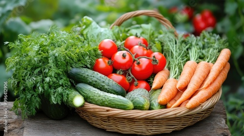 A variety of vegetables, including tomatoes, cucumbers, and carrots, in a basket on a rustic wooden table.