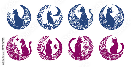 cat moon floral template set two color variations, animal art design decoration