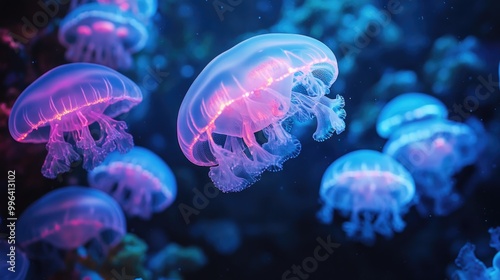 Luminous deep sea creatures radiate in the dark ocean depths showcasing their natural glow in the mysterious underwater realm