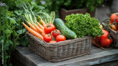A variety of vegetables, including tomatoes, cucumbers, and carrots, in a basket on a rustic wooden table.