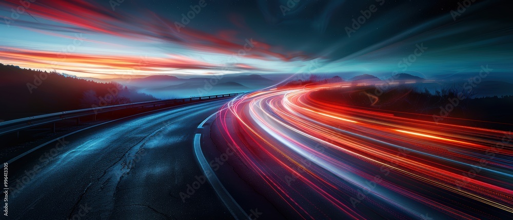 Dynamic Light Trail on Winding Road at Dusk Dynamic Light Trail on Winding Road at Dusk