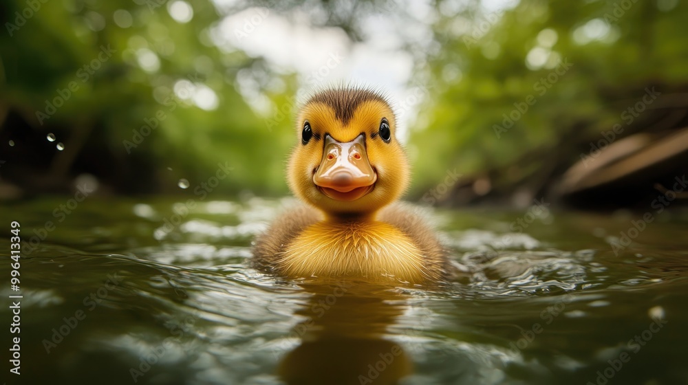 Humorous duckling swims in a lake posing for a wide angle portrait surrounded by nature Birds in their natural habitat Humorous duckling swims in a lake posing for a wide angle portrait surrounded by nature Birds in their natural habitat