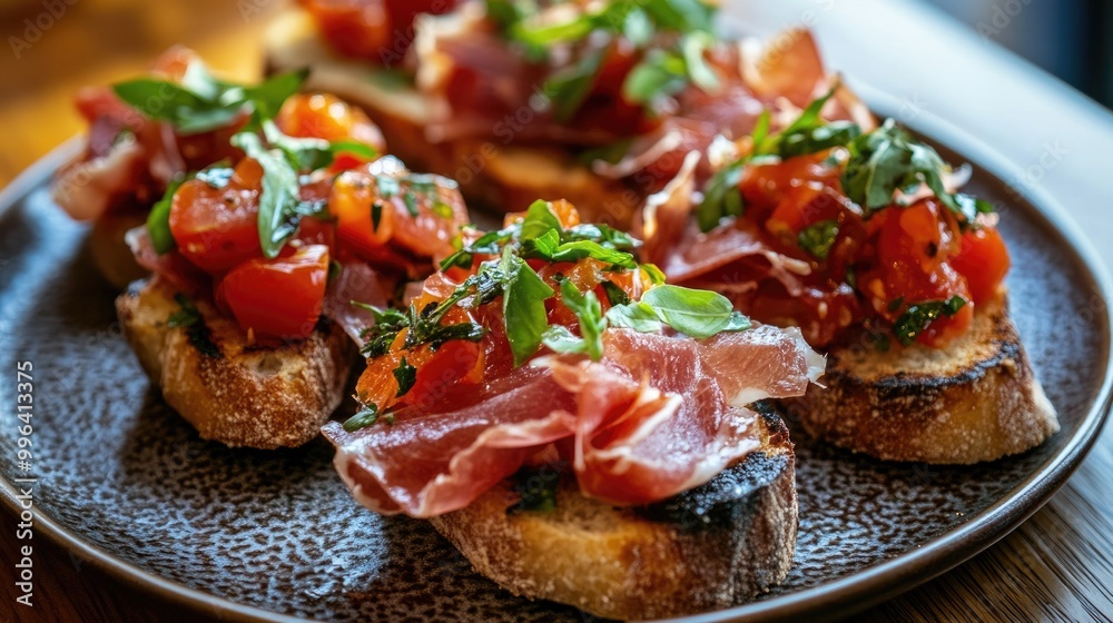 Variety of bruschetta topped with prosciutto tomatoes and herbs on a textured plate Variety of bruschetta topped with prosciutto tomatoes and herbs on a textured plate