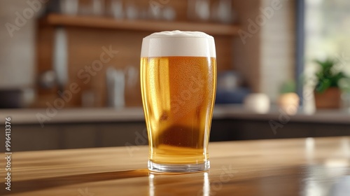 A transparent pint glass filled with golden beer topped with a rich creamy foam photo