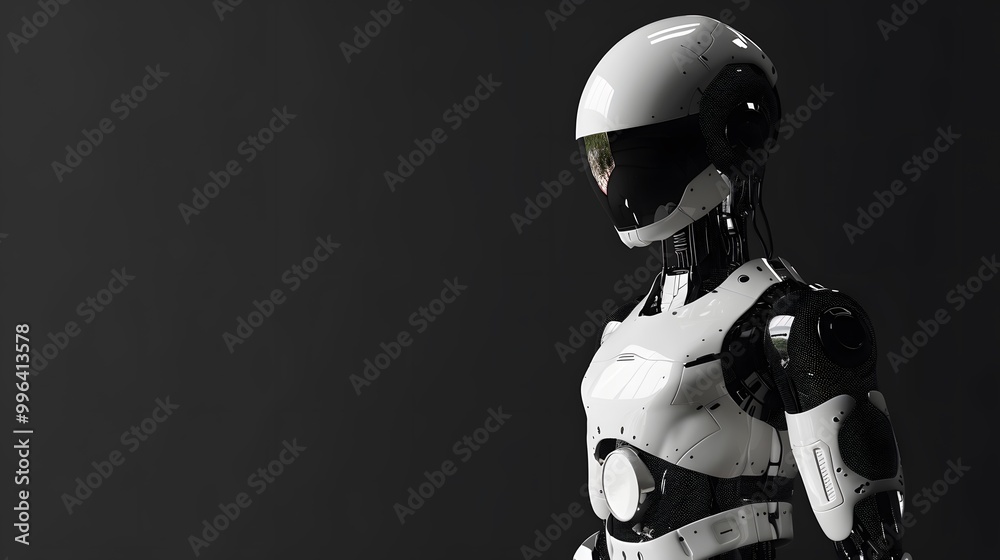 White Smart Robot on a Black Background with Copy Space for Innovative Technology Concept Imagery White Smart Robot on a Black Background with Copy Space for Innovative Technology Concept Imagery