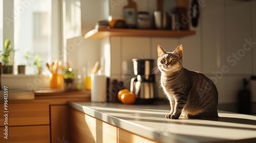 Gray domestic cat perched on a sleek kitchen counter A warm inviting space for cooking featuring a light Scandinavian design and ample copy space for text photo