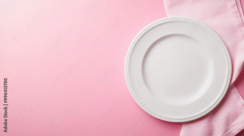 White plate and cotton napkin placed on a pink background Culinary backdrop for menus and recipe books Table arrangement Flat lay overhead view White plate and cotton napkin placed on a pink background Culinary backdrop for menus and recipe books Table arrangement Flat lay overhead view