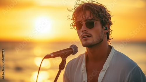 A handsome young man singing into a microphone on a beach at sunset. photo