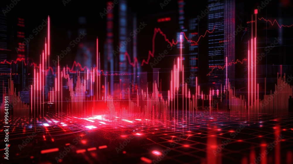 Dynamic digital data visualization with vibrant red color scheme, showcasing trends and analytics in a high-tech environment. Dynamic digital data visualization with vibrant red color scheme, showcasing trends and analytics in a high-tech environment.