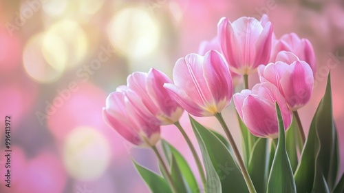 Pink tulip bouquet with a blurred spring backdrop