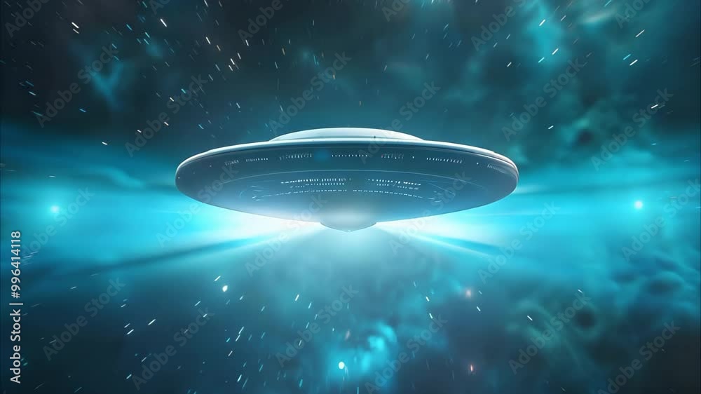 A futuristic UFO illuminated by bright blue light, set against a backdrop of a colorful, star-filled galaxy. A futuristic UFO illuminated by bright blue light, set against a backdrop of a colorful, star-filled galaxy.