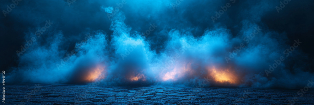 Mysterious blue fog rolls over a dark, cobblestone street. Mysterious blue fog rolls over a dark, cobblestone street.