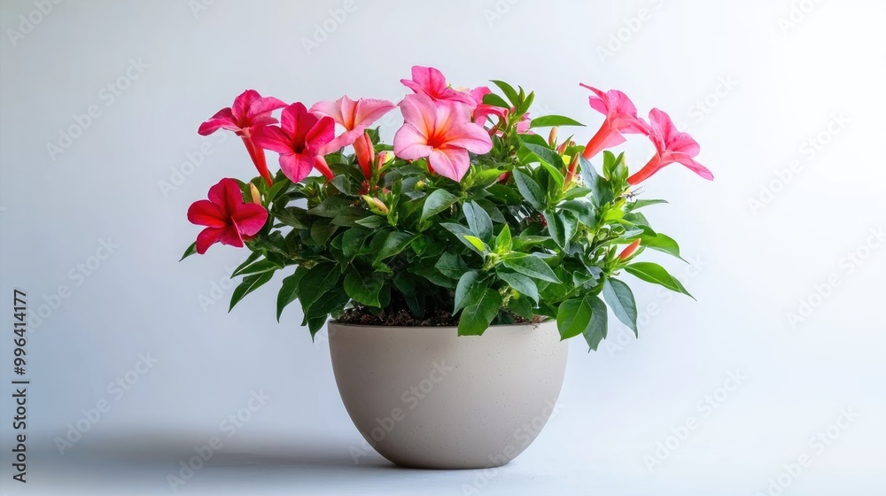 Mandevilla plant in a pot displayed from the front on a white background Mandevilla plant in a pot displayed from the front on a white background