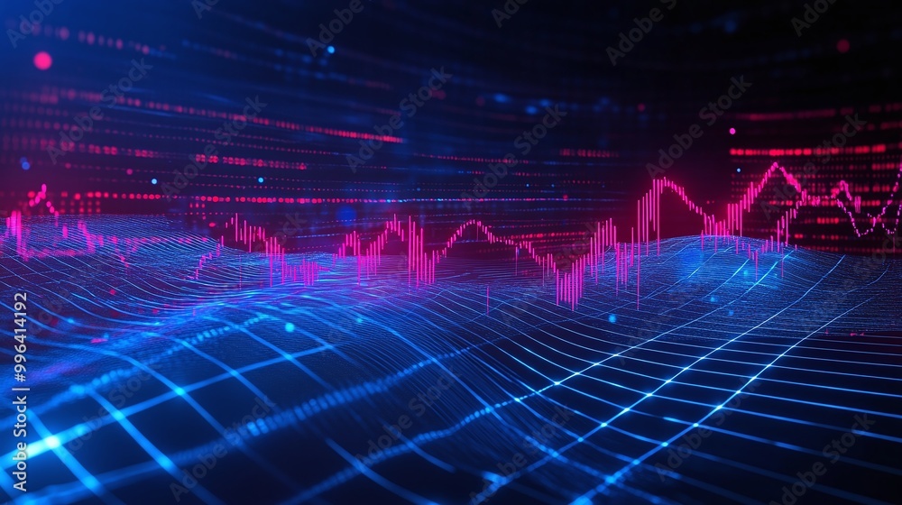 Dynamic digital data visualizations with vibrant blue and pink lines forming waves and grids, representing modern analytics. Dynamic digital data visualizations with vibrant blue and pink lines forming waves and grids, representing modern analytics.