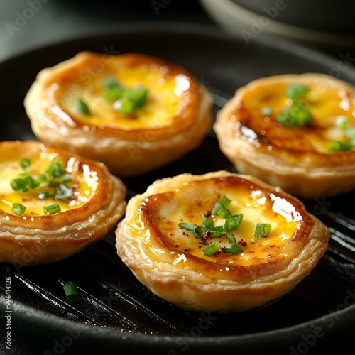 Freshly Baked Egg Tarts with Green Onion Garnish on Dark Pan Close-up.