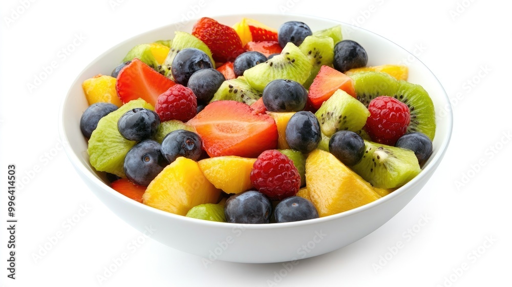 Fresh fruit salad in a bowl placed on a white background Fresh fruit salad in a bowl placed on a white background