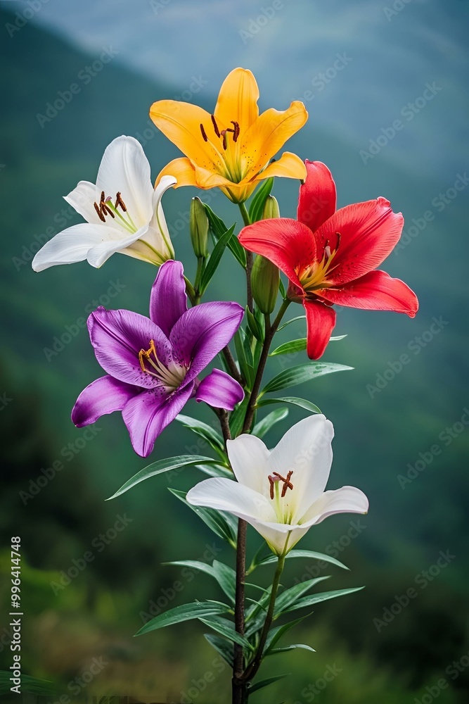 Fototapeta premium Vibrant Multicolored Lilies in Full Bloom Against Soft Green Backdrop – A Symphony of Nature’s Beauty.