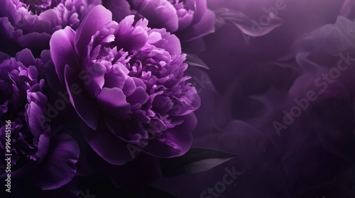 Surreal soft focus purple peonies on a dark banner creating a vibrant spring or summer floral backdrop Festive floral theme