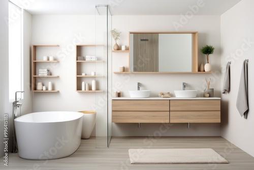 A clean and organized bathroom with a walk-in shower, a double vanity, and a freestanding bathtub photo