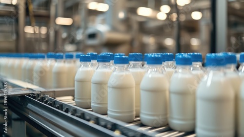 Milk filling machine in a dairy facility featuring milk bottles with blue caps on the conveyor system