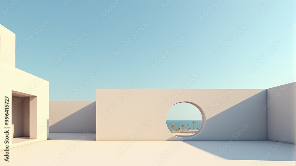 Minimalist Architectural Scene Under a Clear Blue Sky, Featuring Geometric Buildings With Shades of Beige and Palm Tree Creating Serene and Timeless Atmosphere