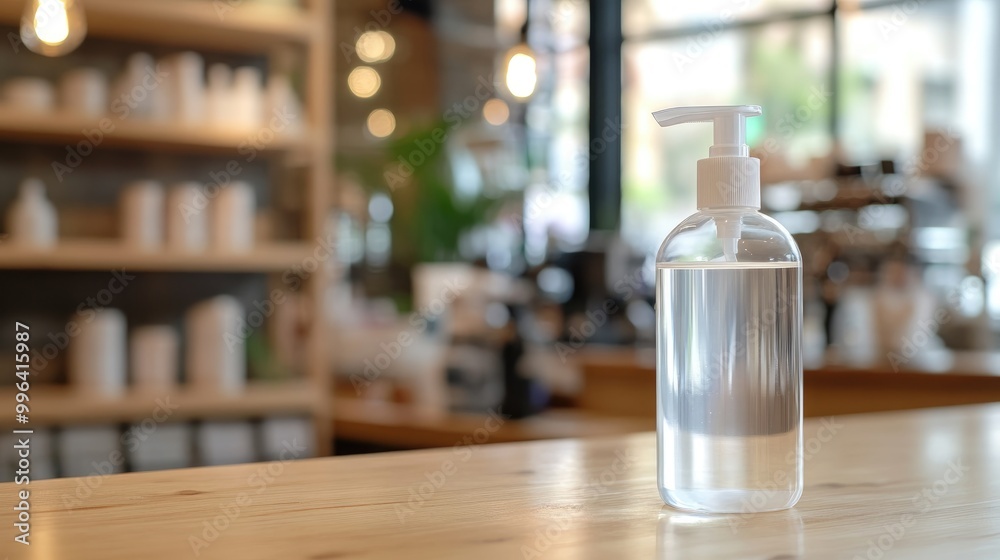 Clear plastic bottle with pump for hand sanitizing emphasizing safety and hygiene in a cafe environment Clear plastic bottle with pump for hand sanitizing emphasizing safety and hygiene in a cafe environment
