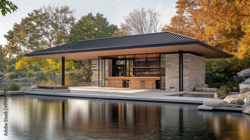 A modernist bar pavilion with an open concept interior, situated on the edge of a lake