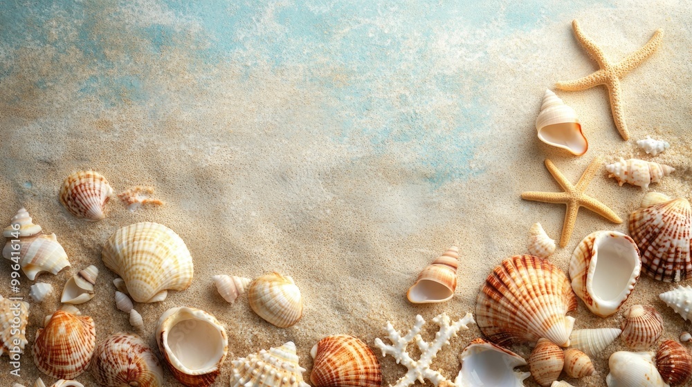 Summer backdrop with a collection of seashells Summer backdrop with a collection of seashells
