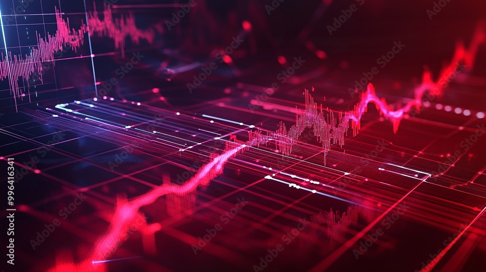 Dynamic digital graph with vibrant red and blue lines illustrating data trends and analytics in a modern tech environment. Dynamic digital graph with vibrant red and blue lines illustrating data trends and analytics in a modern tech environment.
