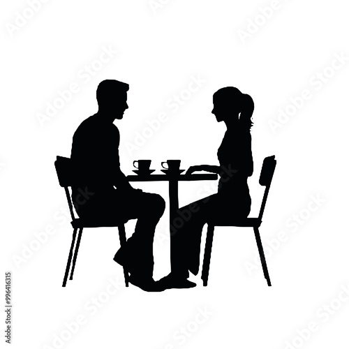 Couple Chatting in Cafe Silhouette Vector Illustration