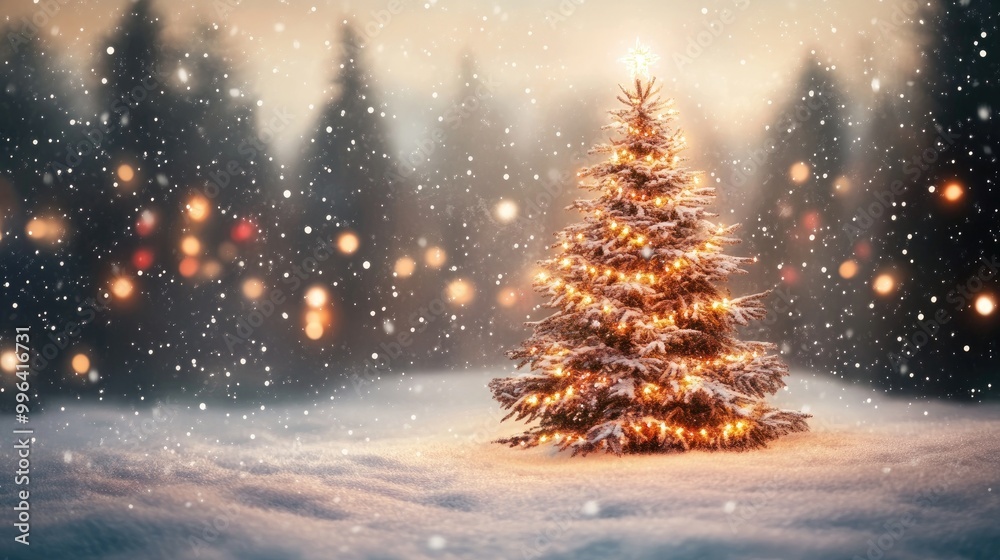 Obraz premium A tranquil winter evening featuring a beautifully illuminated Christmas tree amidst gently falling snow and twinkling lights
