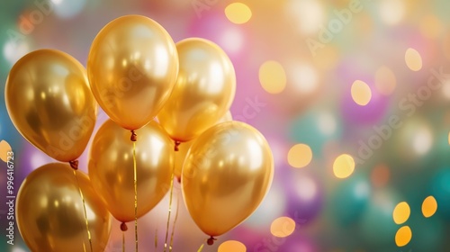 Golden helium balloons celebrating a special 12th birthday or anniversary against a vibrant party backdrop