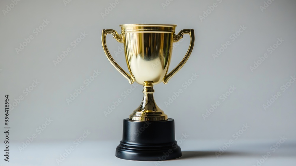 A classic gold trophy cup rests on a black pedestal poised for the victor against a simple background A classic gold trophy cup rests on a black pedestal poised for the victor against a simple background