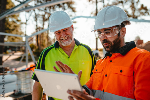 Two construction site managers looking at digital blueprints on tablet device
