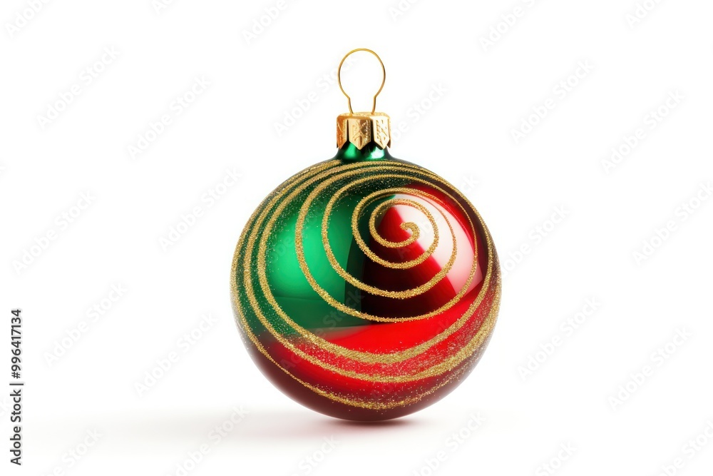 A close-up photorealistic image of a classic glass bauble ornament with swirling red and green glitter, hanging from a gold thread. A close-up photorealistic image of a classic glass bauble ornament with swirling red and green glitter, hanging from a gold thread.