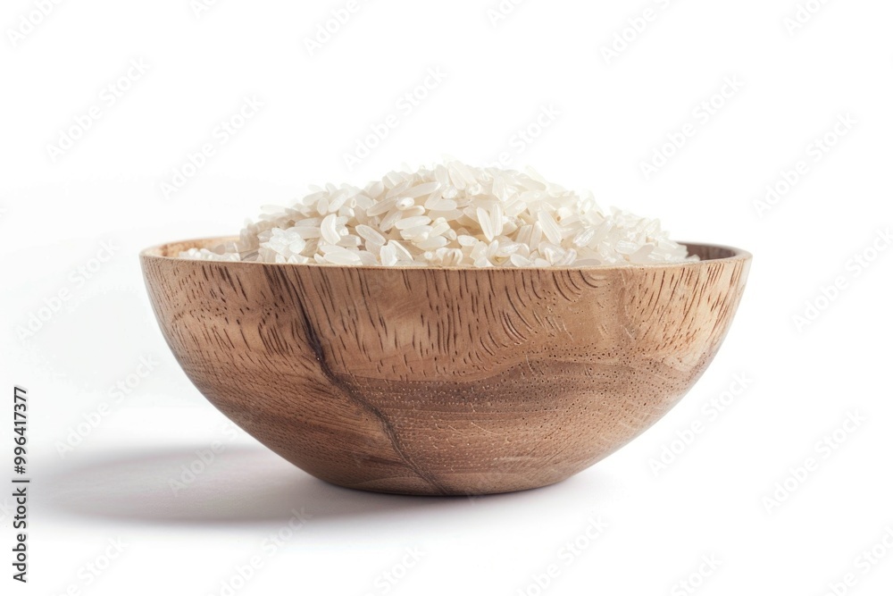 A simple wooden bowl filled with rice placed on a table, great for food, still life or cultural scene images