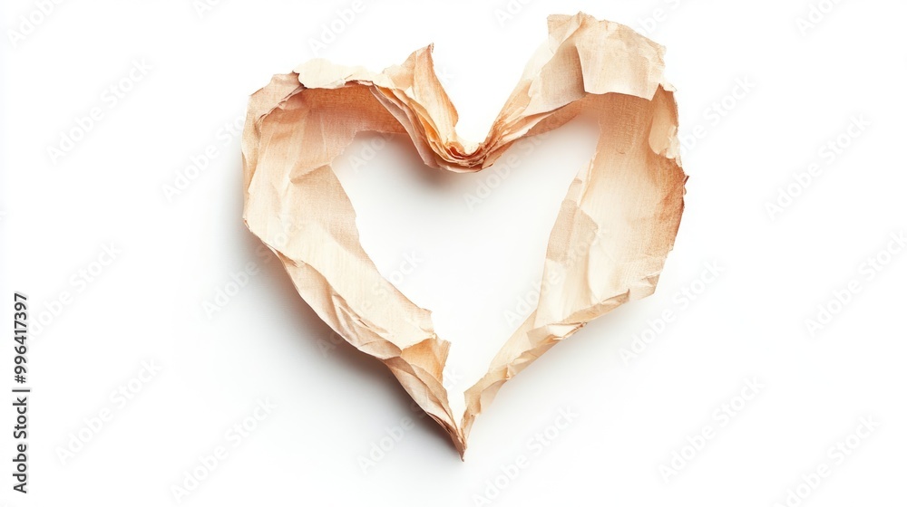 Heart shaped tear in paper revealing a satin texture Isolated on a white background Heart shaped tear in paper revealing a satin texture Isolated on a white background