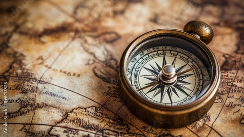 A vintage compass resting on an ancient, weathered map, symbolizing exploration and navigation of the old world.