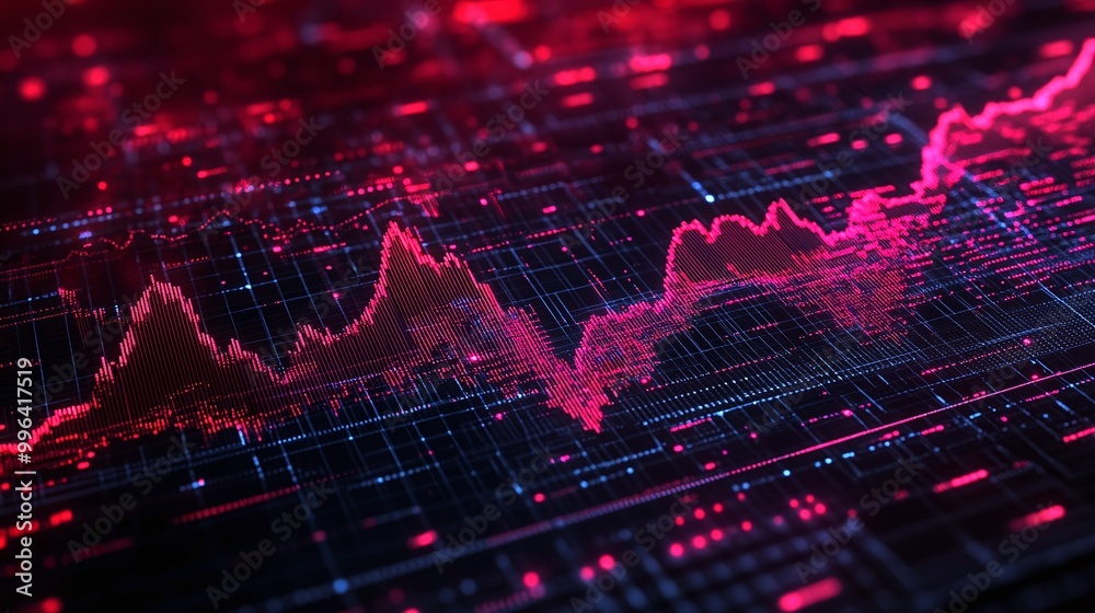Dynamic digital stock market graph with vibrant red tones and intricate data patterns. Dynamic digital stock market graph with vibrant red tones and intricate data patterns.