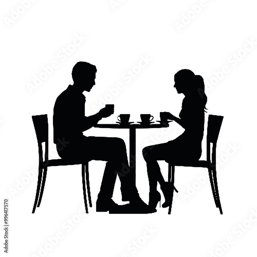 Romantic Couple in Cafe Silhouette Vector Illustration Transparent Background