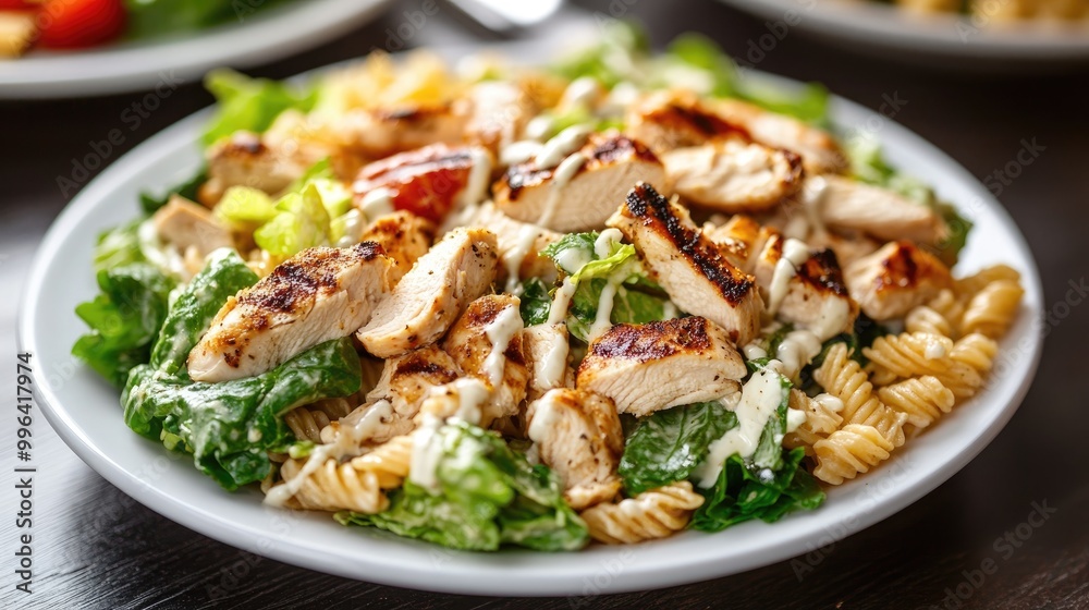 Light plate featuring chicken pasta salad topped with Caesar dressing a nutritious option for healthy dining Light plate featuring chicken pasta salad topped with Caesar dressing a nutritious option for healthy dining