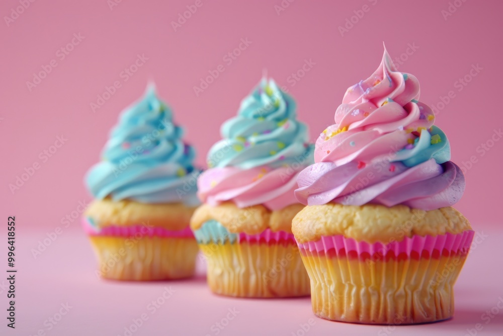 Three colorful cupcakes on a pink surface Three colorful cupcakes on a pink surface