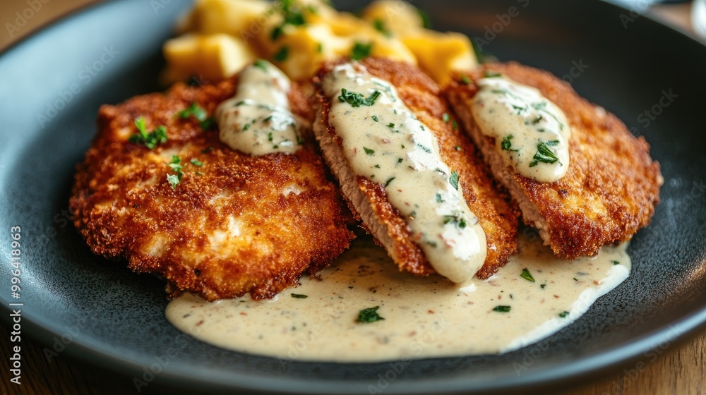 Classic pork schnitzel served with a rich cream sauce Classic pork schnitzel served with a rich cream sauce